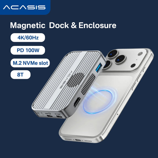 Acasis 10Gbps Magnetic M.2 NVMe SSD Enclosure & USB-C Docking Station with Cooling Fan for iPhone 17/17 Pro/iPhone 16/16 Pro